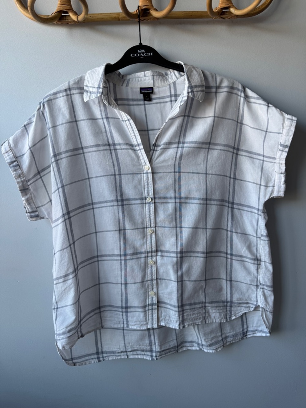 Patagonia White and Blue Plaid Button-Up Shirt